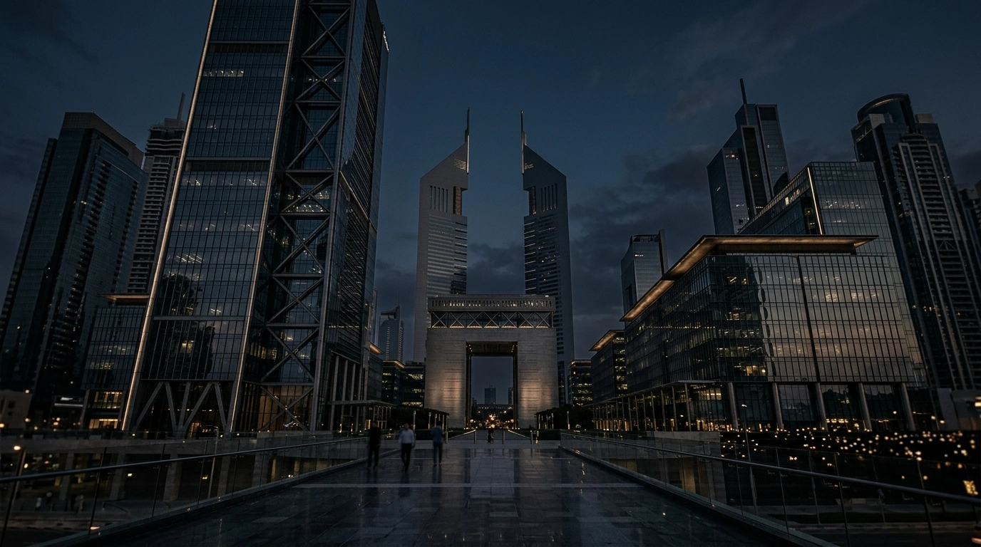 DIFC Gate and financial district architecture representing DFSA regulated finance officer services in Dubai.