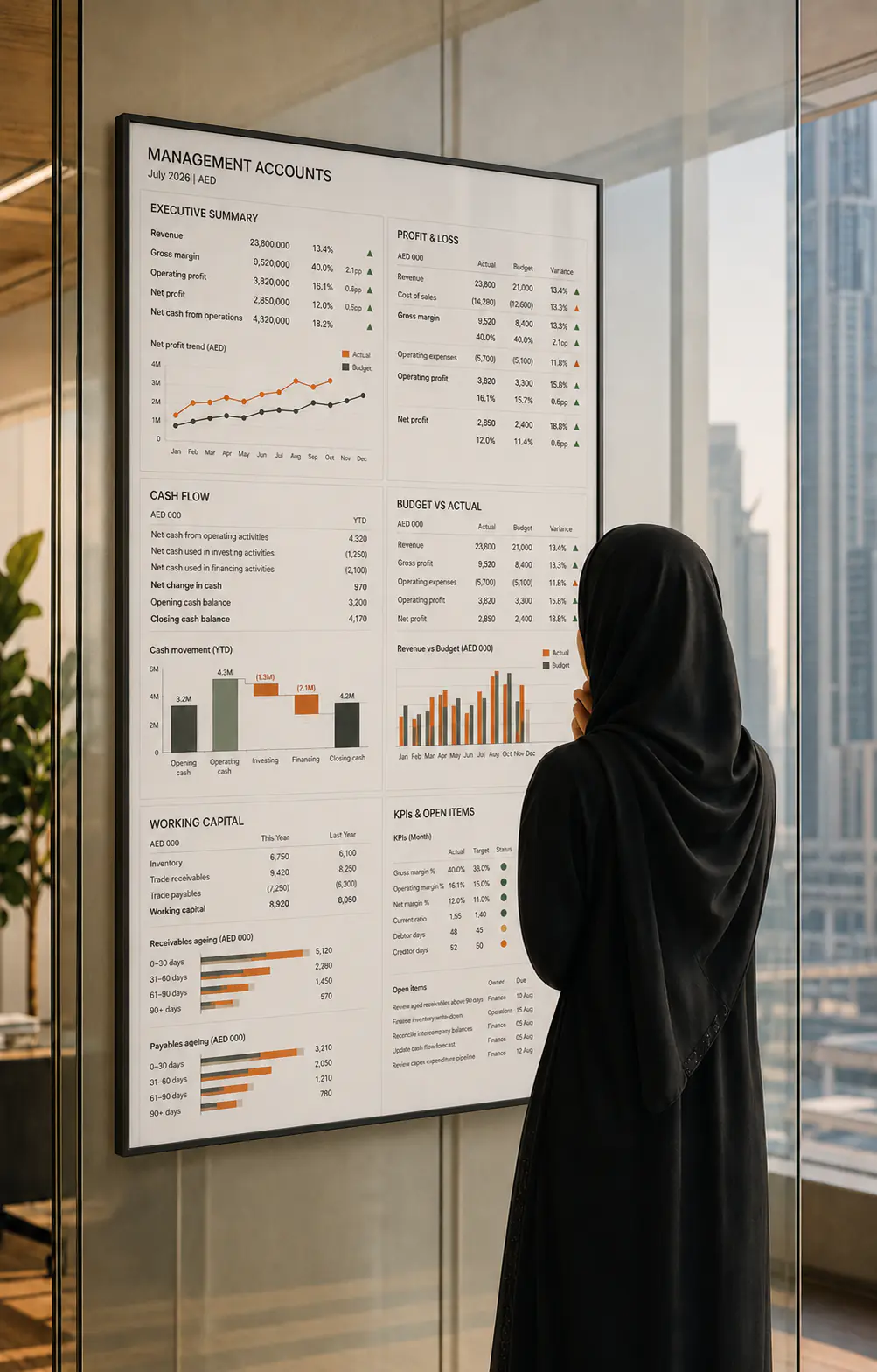 Emirati businesswoman reviewing management accounts on a digital reporting display in a Dubai office